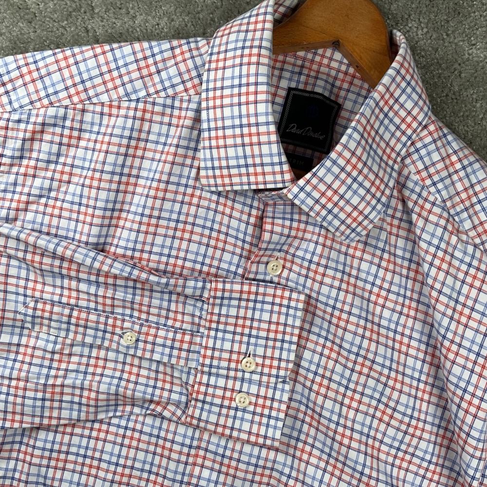 David Donahue Dress Shirt Mens 16.5 32/33 White Red Blue Plaid Trim Fit Cotton